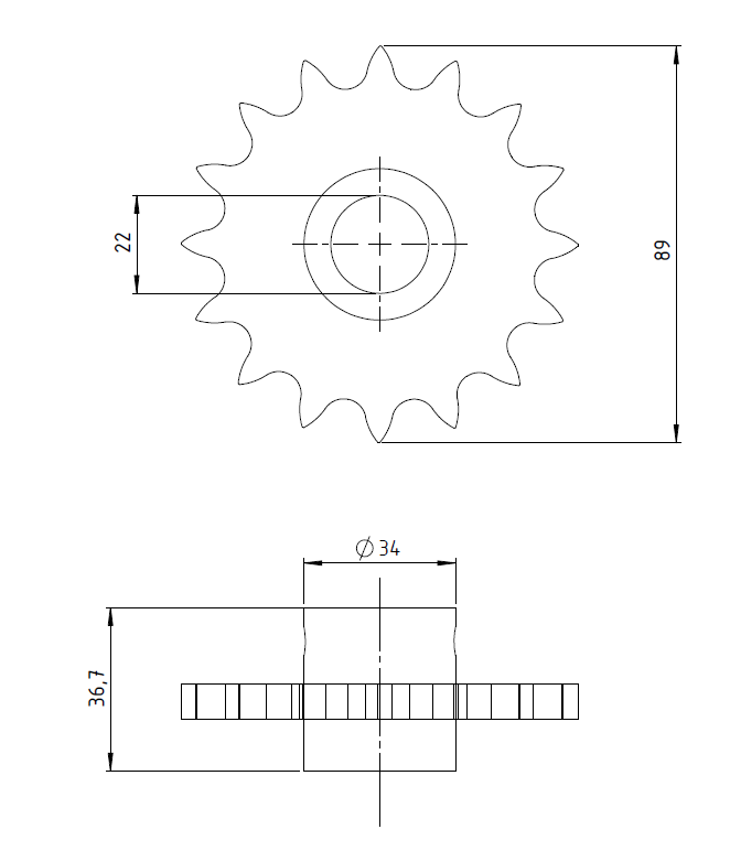 ENGRANAJE Z=16 GRANO GRUESO -  CADENA 5/8 (ASA 50) - DIÁMETRO EJE 22 mm